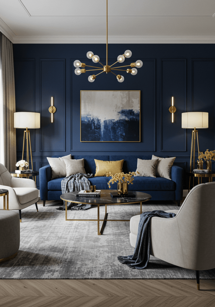 Navy blue-themed living room with elegant furniture