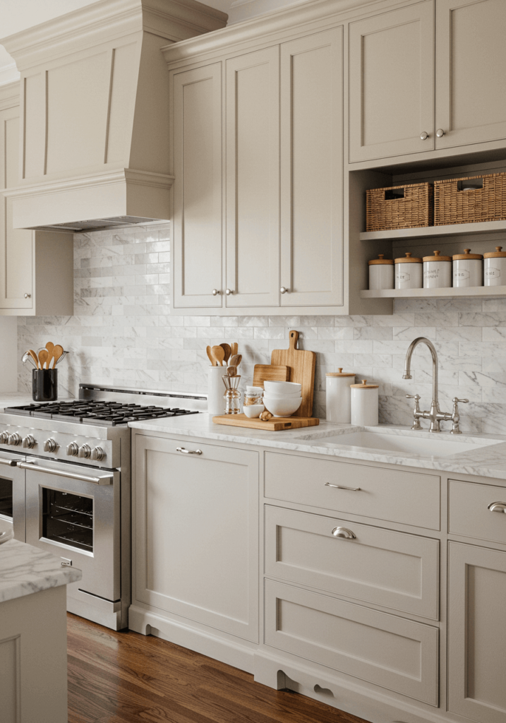 Neutral-Toned Kitchen Cabinets with Wicker Baskets