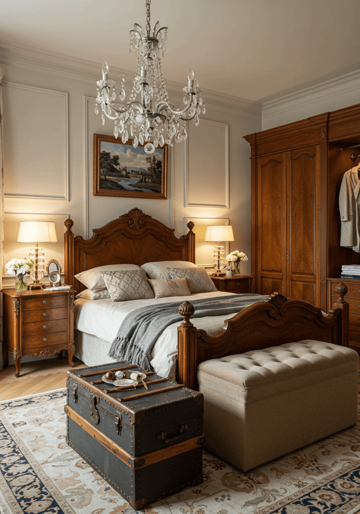 Ornate Wooden Bed and Crystal Chandelier