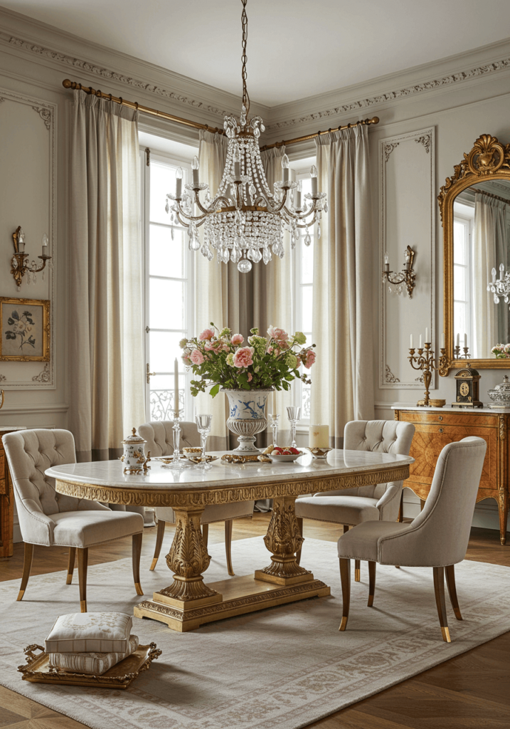 Parisian Dining with Silk Drapes & Gold Accents