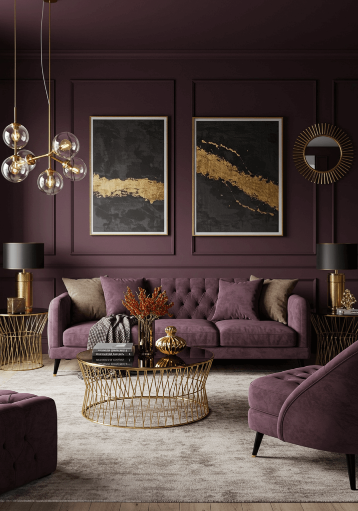 Plum-colored living room with velvet furnishings