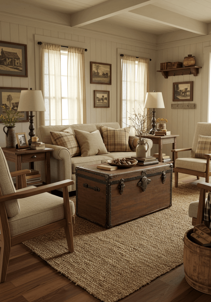 Primitive country living room with a vintage trunk coffee table