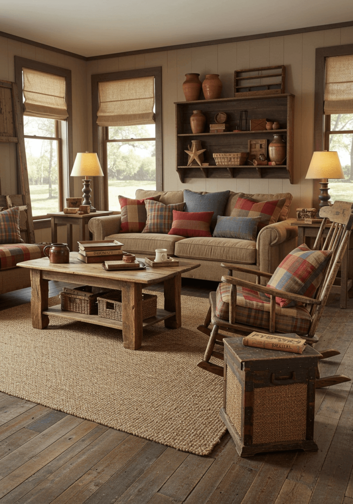 Primitive country-style living room with weathered wood floors