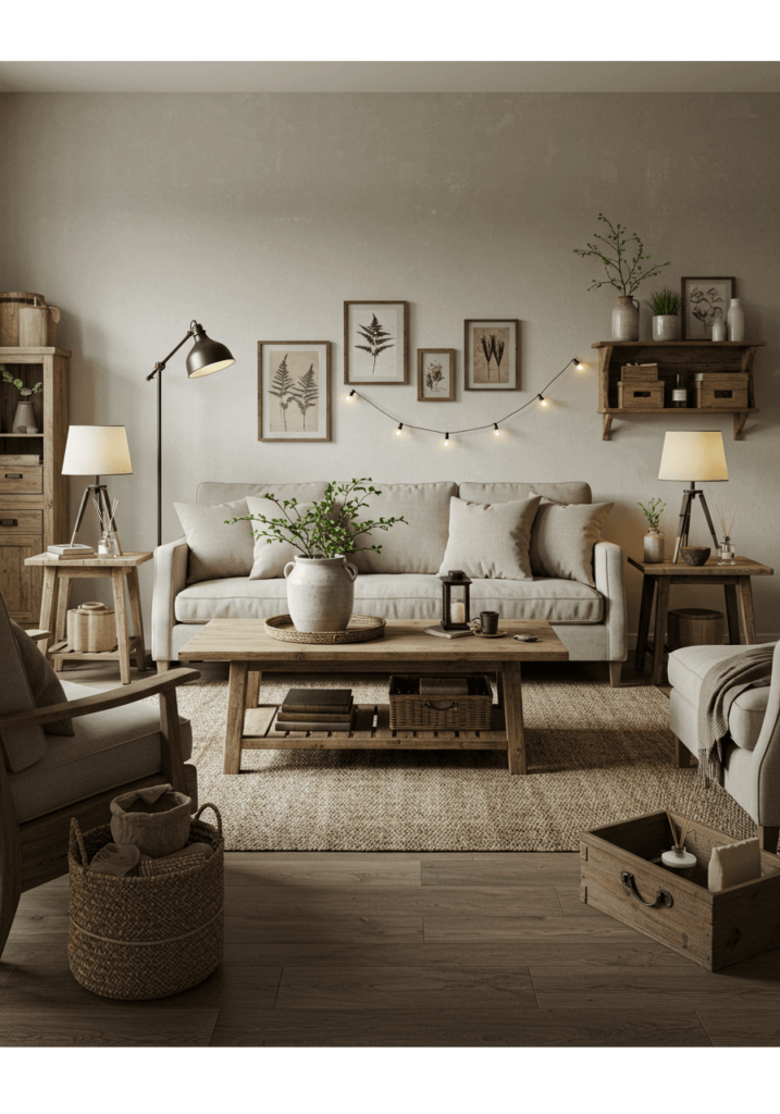 Primitive decor-focused living room with simple, functional furniture