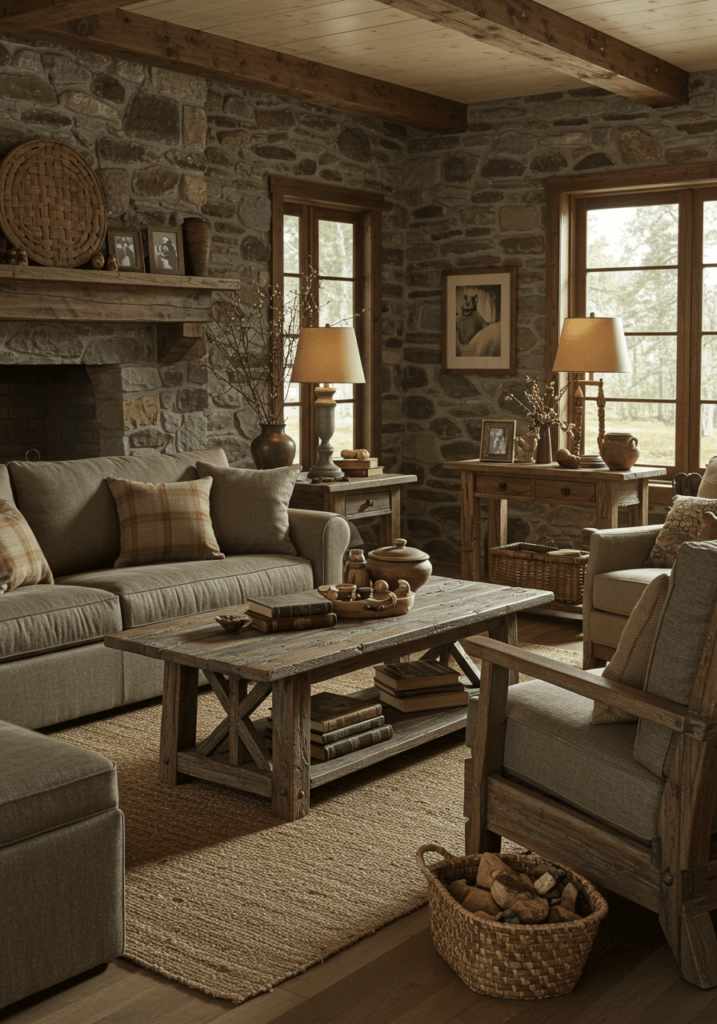 Primitive-inspired living room featuring stone