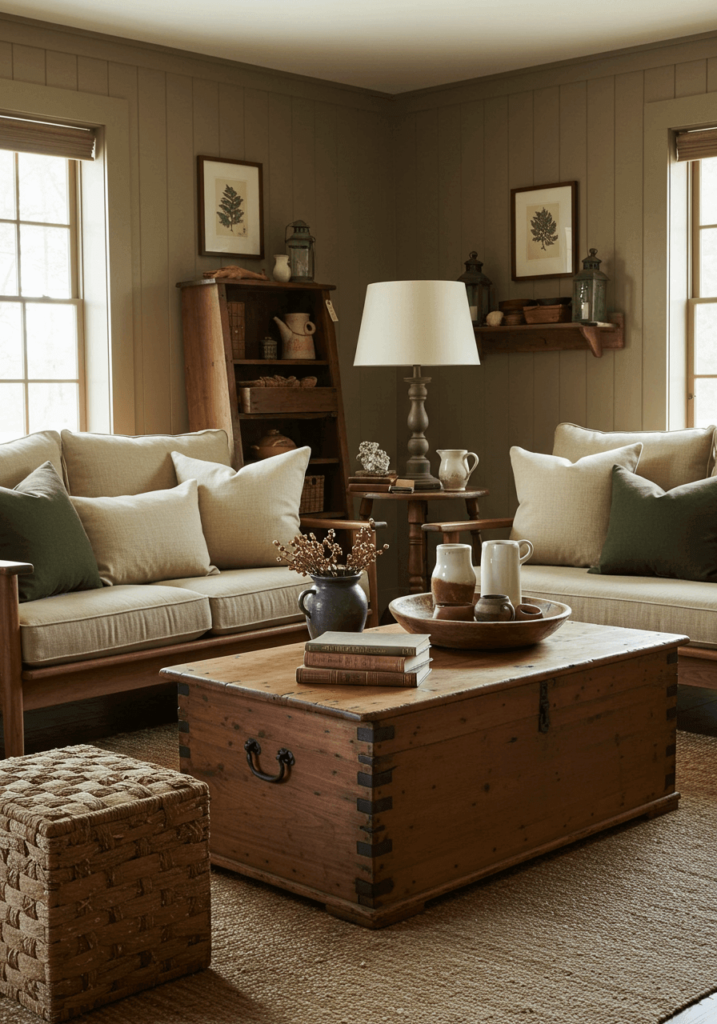 Primitive-inspired living room with antique wooden chests