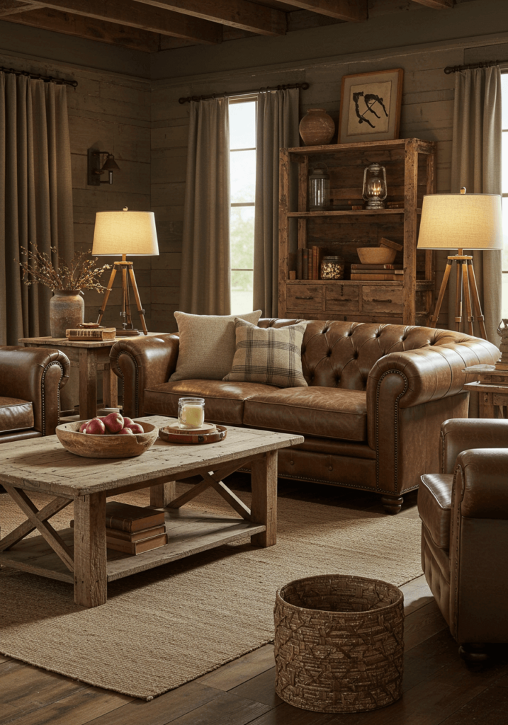 Primitive living room with aged leather furniture