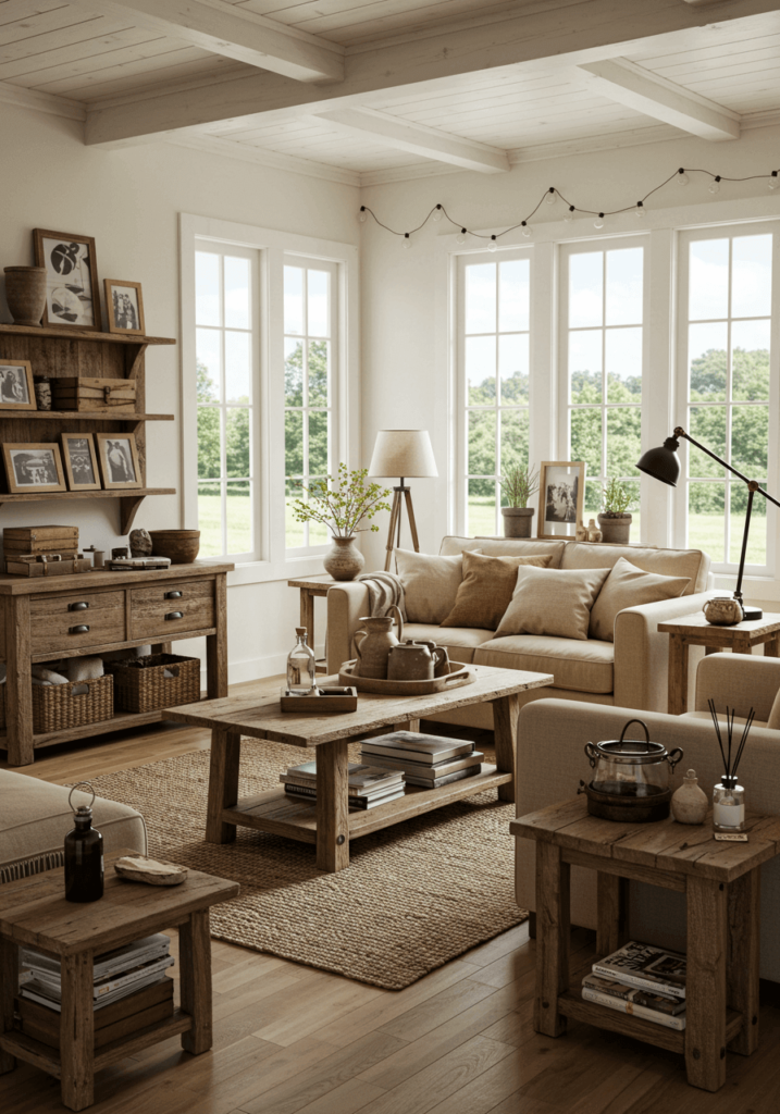 Primitive living room with large windows