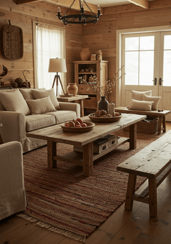 Primitive living room with reclaimed wood furniture