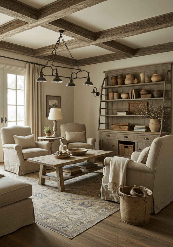 Primitive-style living room featuring distressed wooden beams