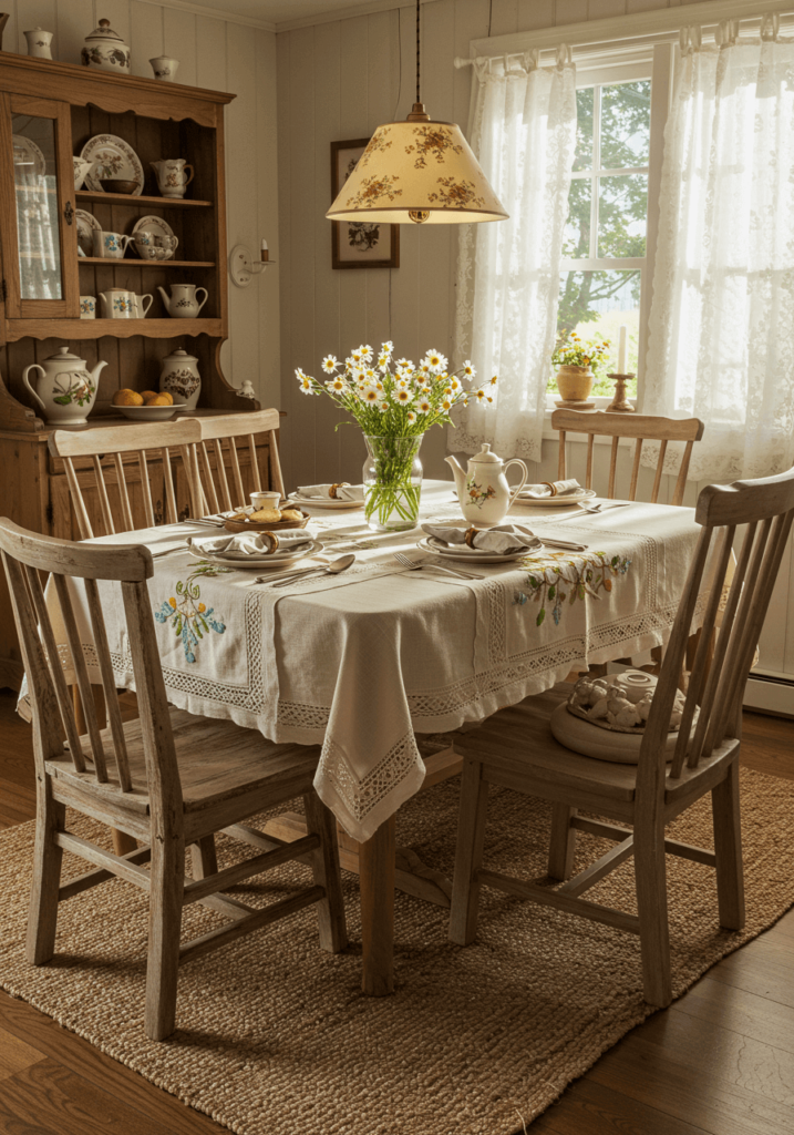 Quaint Cottage Dining Nook with Handwoven Tablecloth