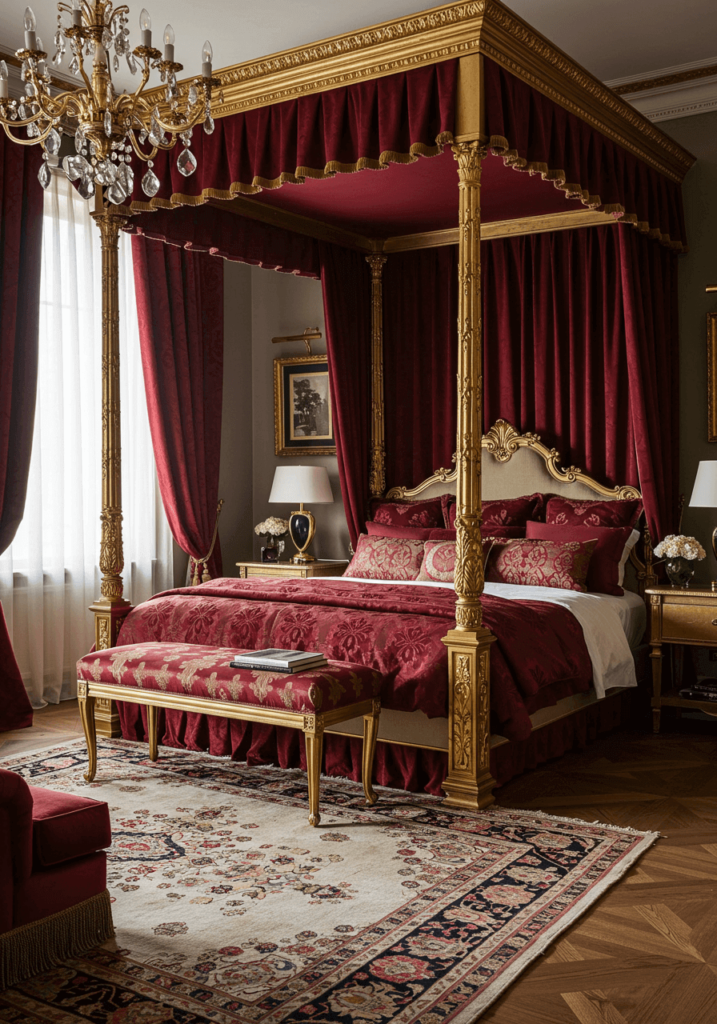 Regal Bedroom with Velvet Curtains & Gold Accents