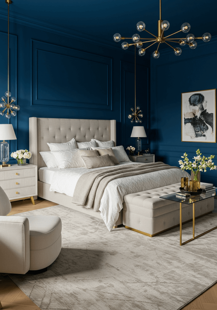 Rich Sapphire Walls with Neutral & Metallic Accents