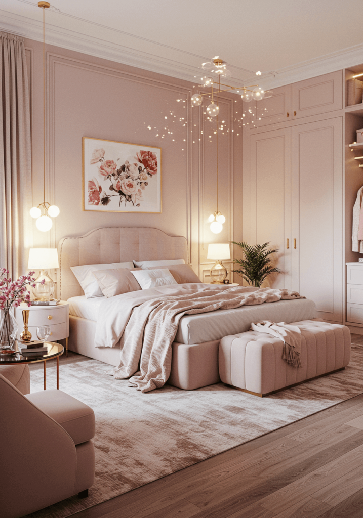 Romantic Bedroom with Blush Tones & Floral Patterns