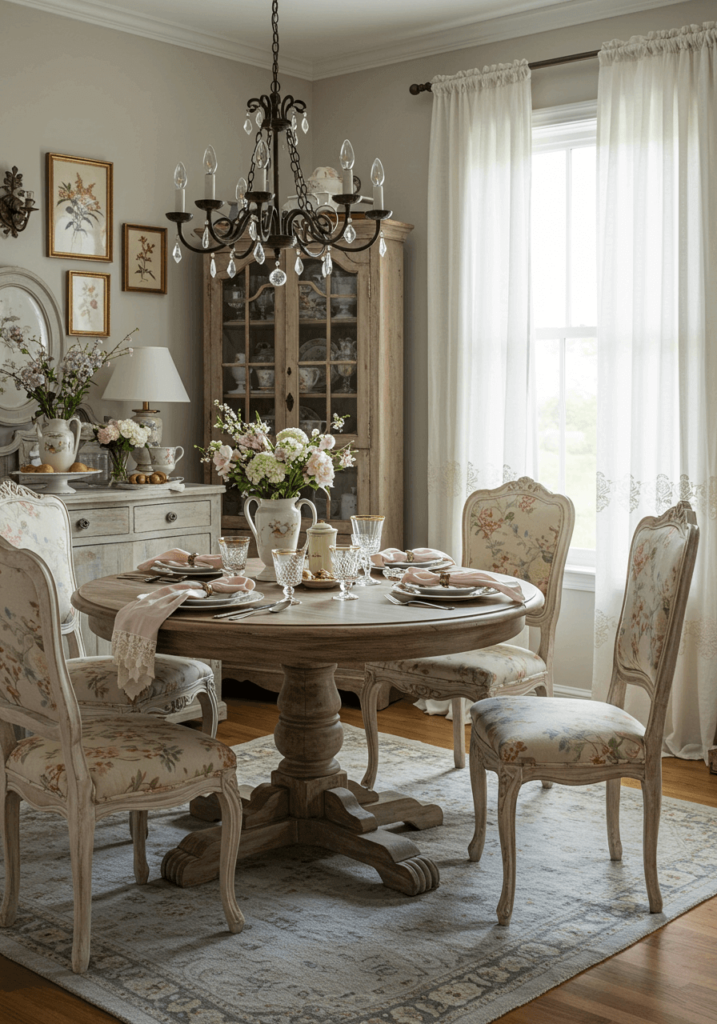 Romantic Dining Nook with Floral Upholstered Chairs