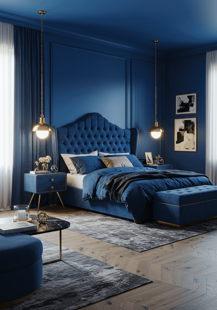 Royal Blue Bedroom with Tufted Headboard & Velvet Curtains