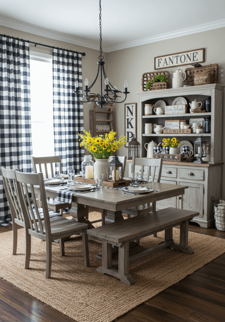 Rustic Country Dining with Buffalo Check Curtains