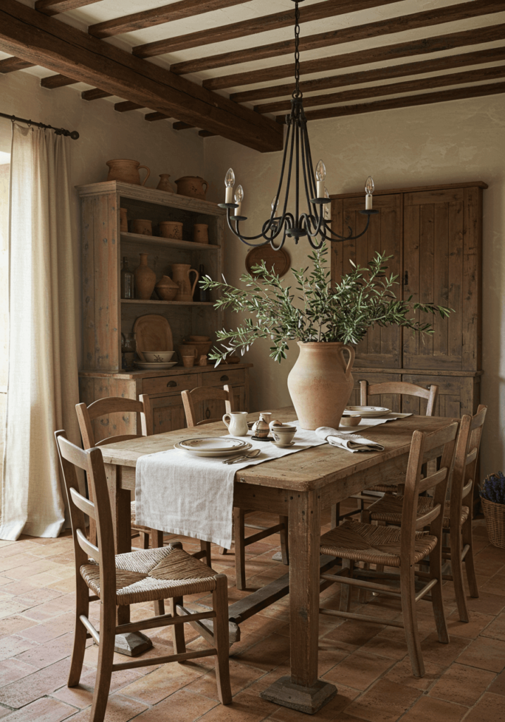 Rustic European Cottage Dining Area with Terracotta Tiles