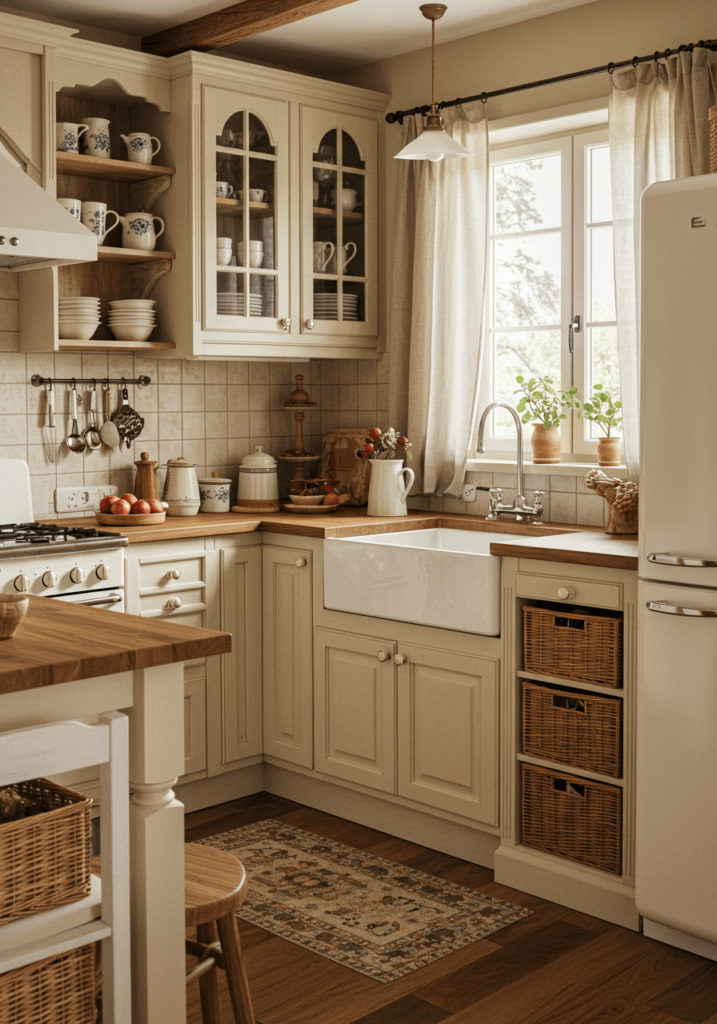 Rustic Kitchen with Cream Tones and Butcher Block Counters