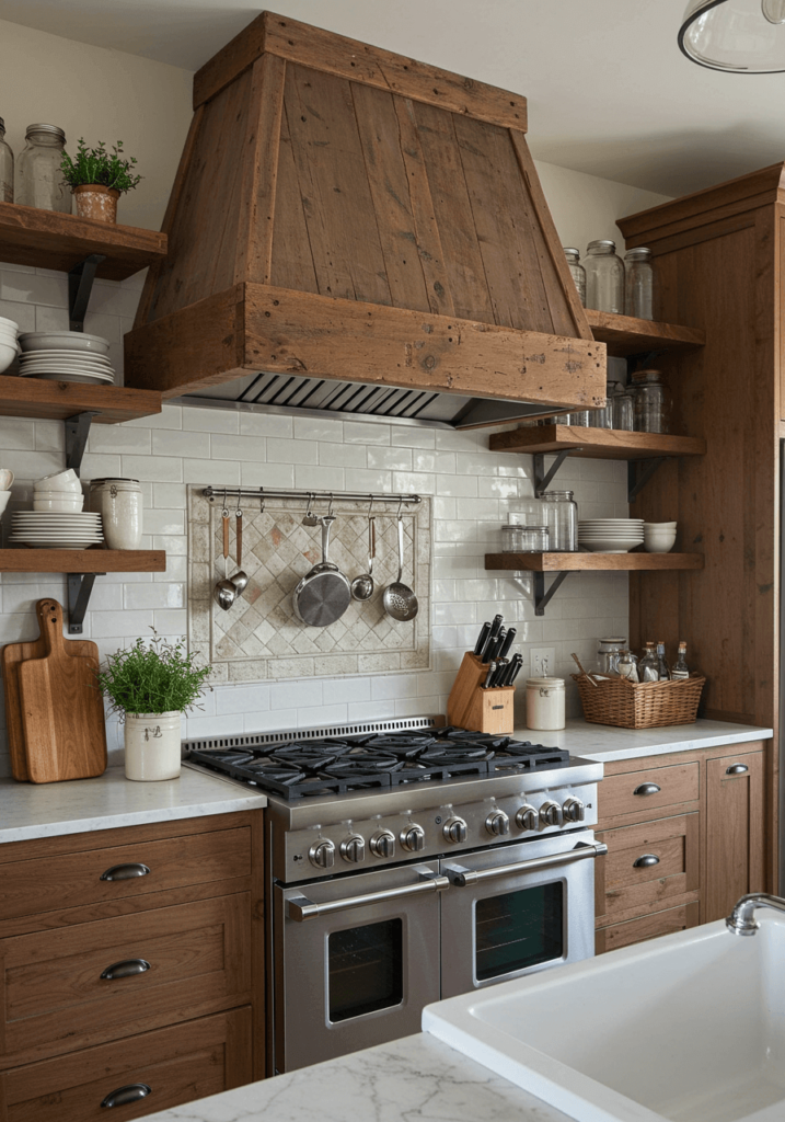 Rustic Wooden Beam Kitchen Hood for a Farmhouse Look