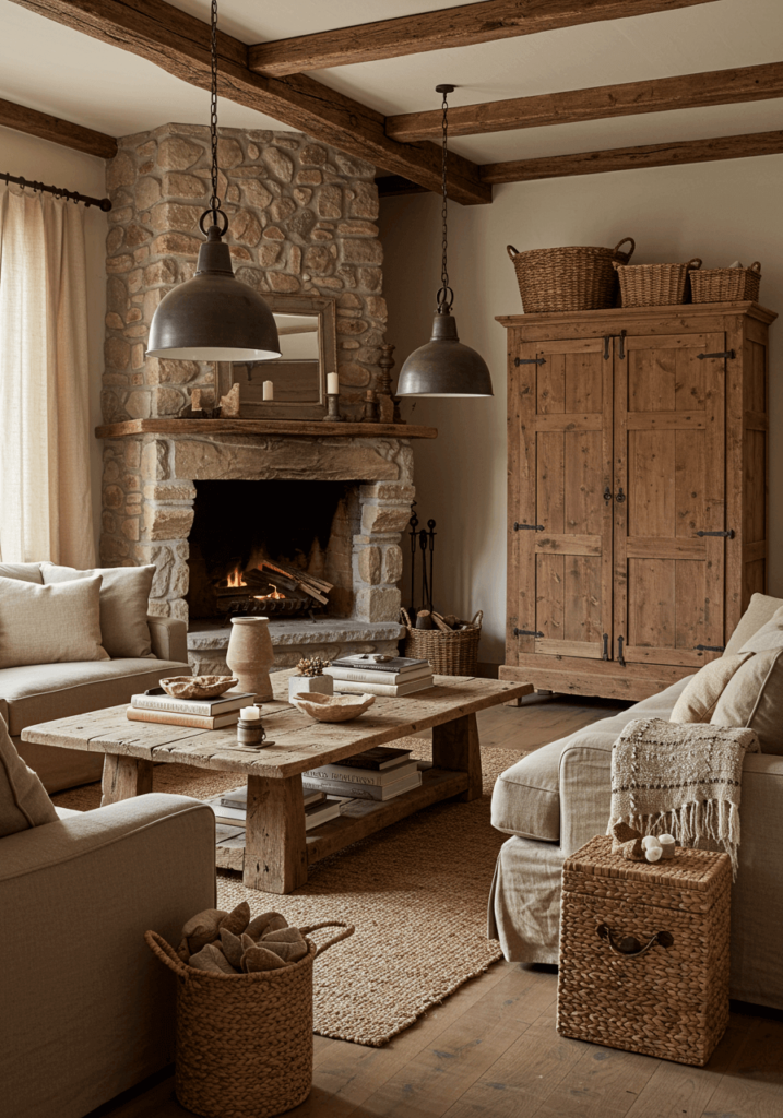 Rustic living room with a large stone hearth