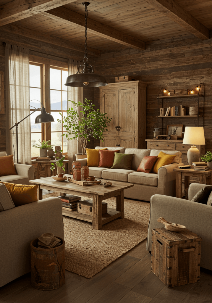 Rustic living room with earthy primitive decor