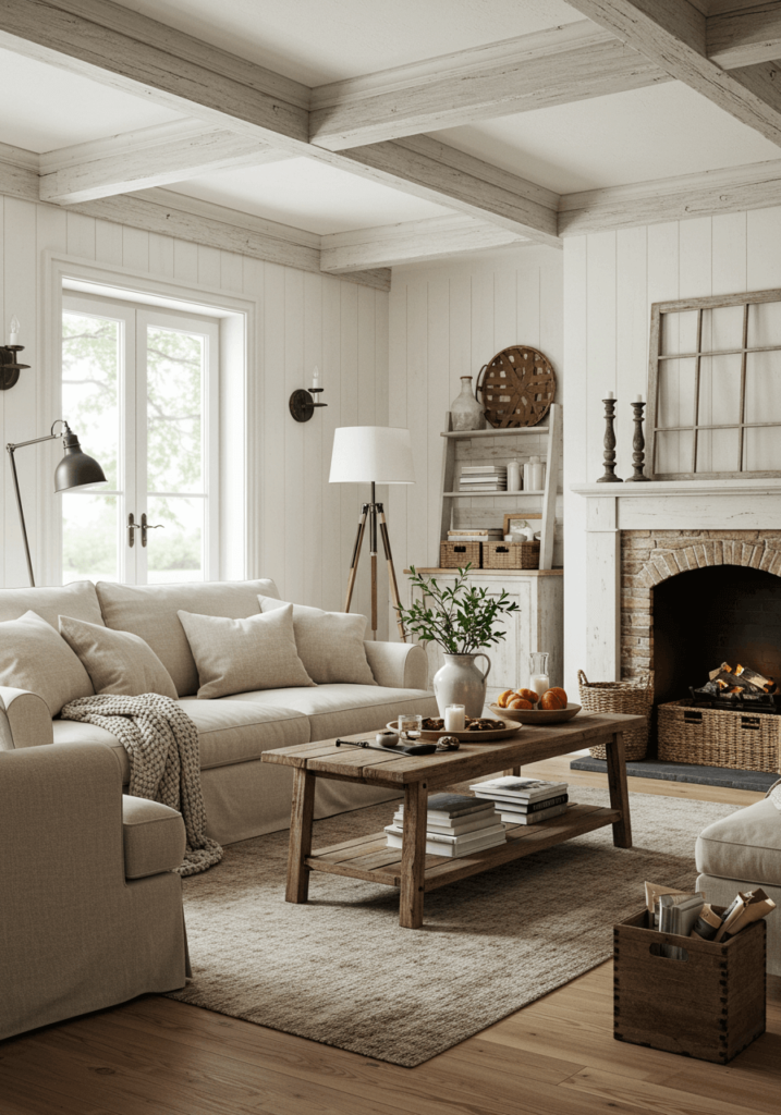 Rustic living room with soft white walls