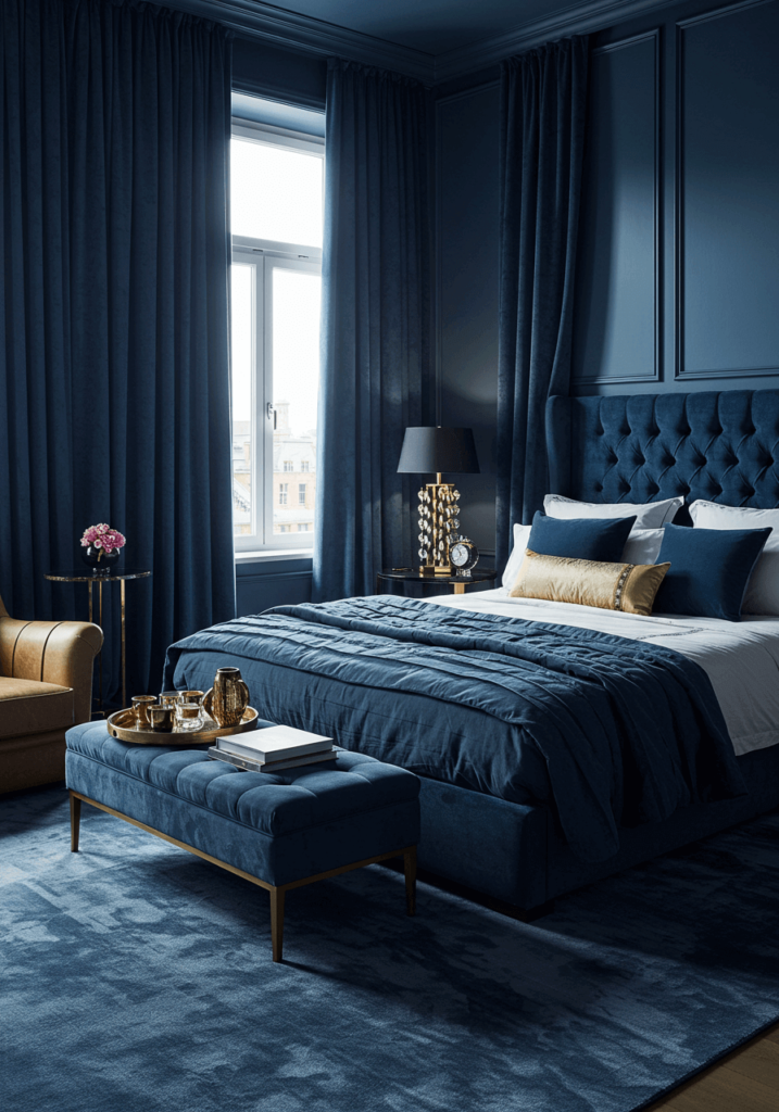 Sapphire Blue Bedroom with Plush Furnishings