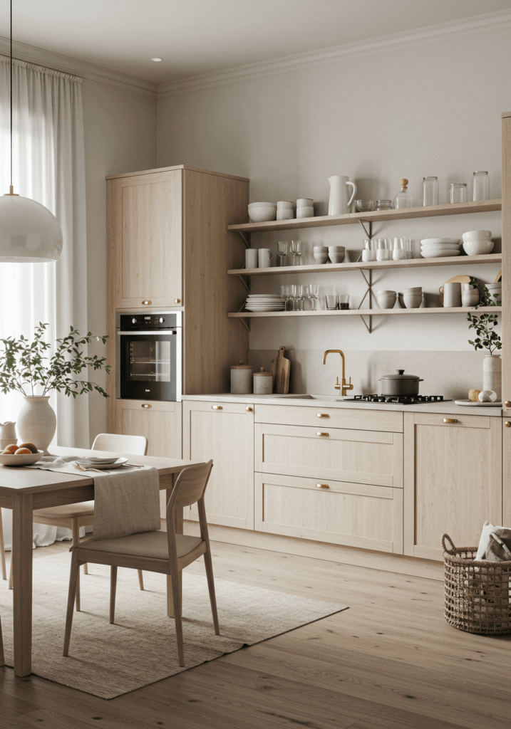 Scandinavian Kitchen with Light Wood Cabinets and Cozy Rugs