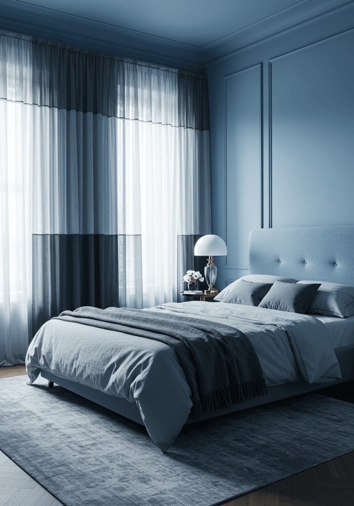 Serene Dusty Blue Bedroom with Soft Curtains