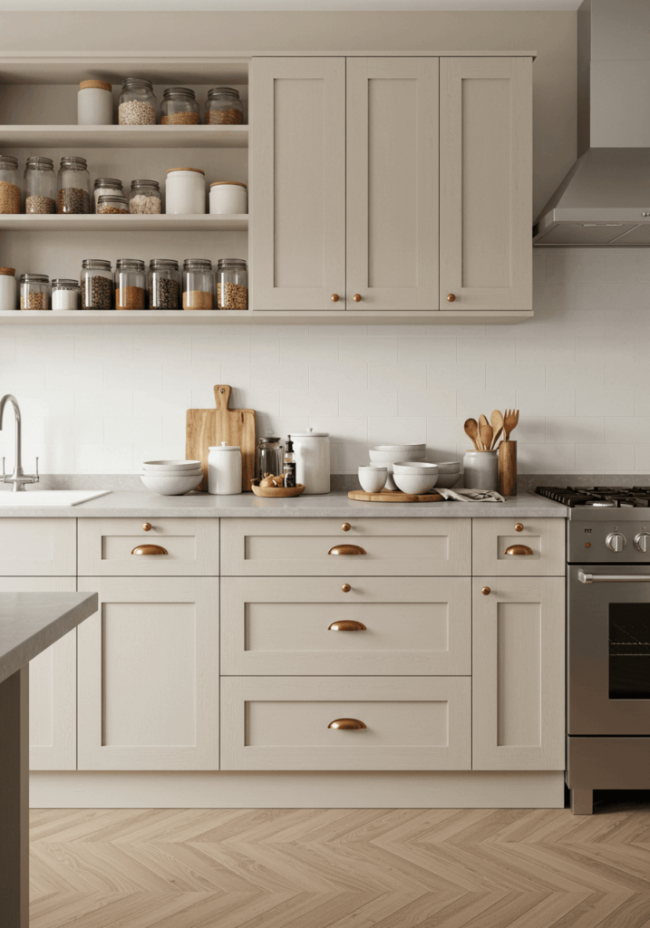 Serene Neutral Kitchen with Open Shelving and Handwoven Textiles