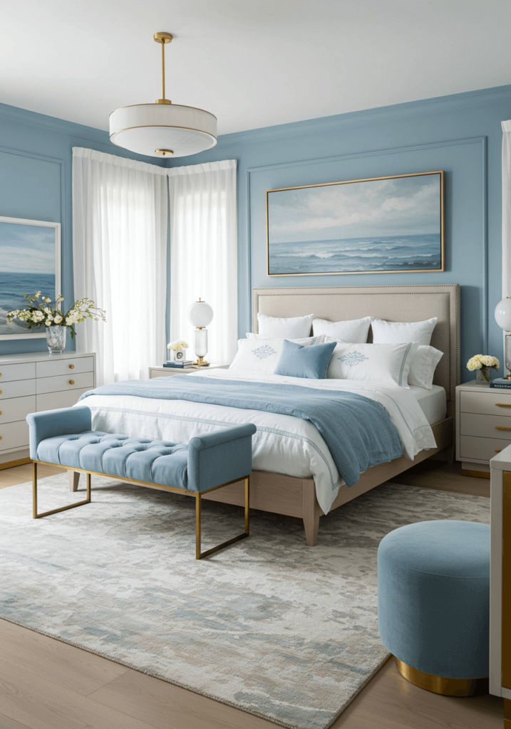 Serene Sky-Blue Master Bedroom with Velvet Bench