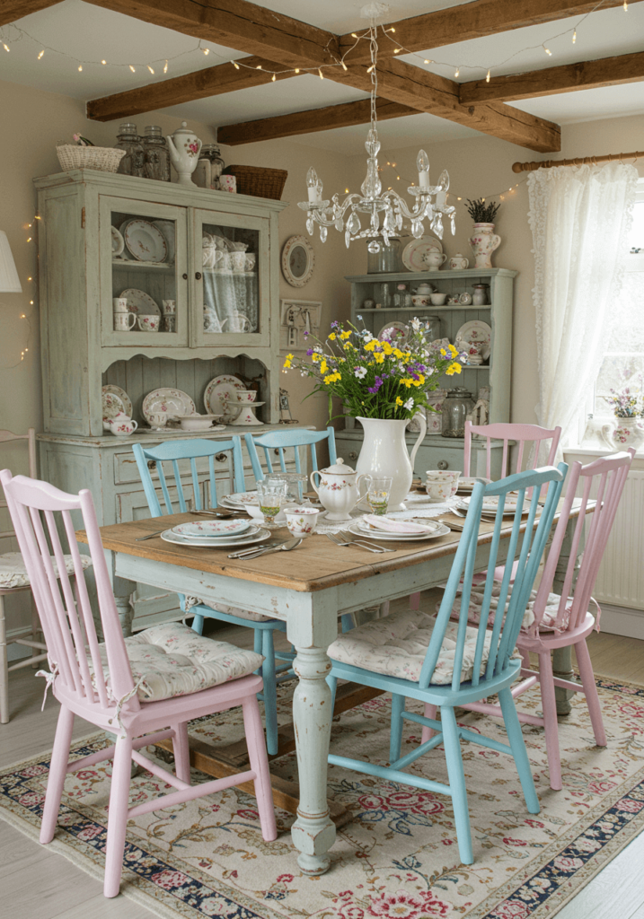 Shabby-Chic Cottagecore Dining Room with Pastel Chairs