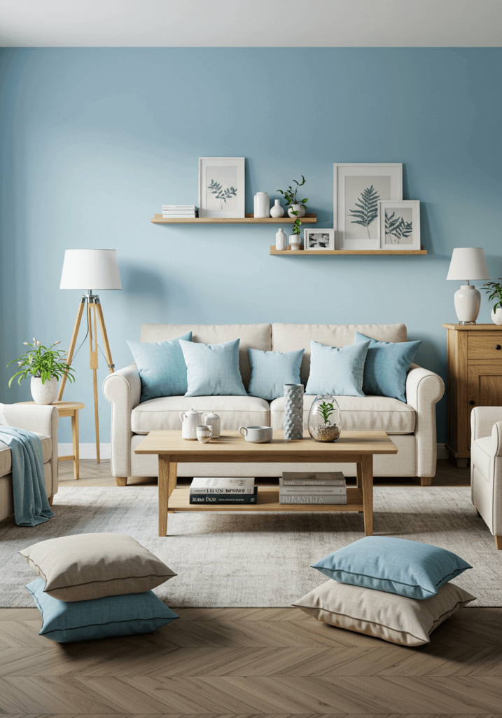 Sky blue living room with cream-colored furniture