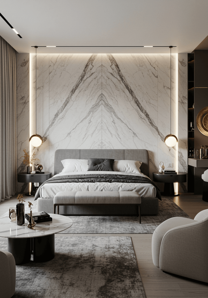 Sleek Bedroom with Marble Walls & Sculptural Lighting