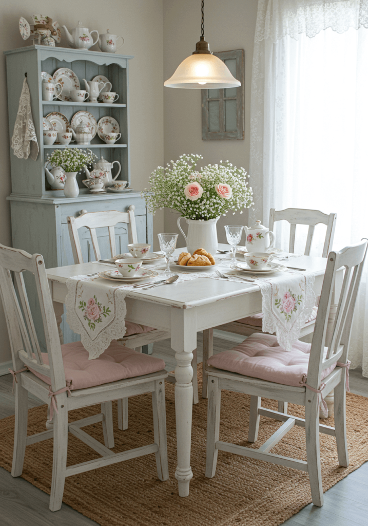 Soft and Delicate Dining Nook with Embroidered Linens