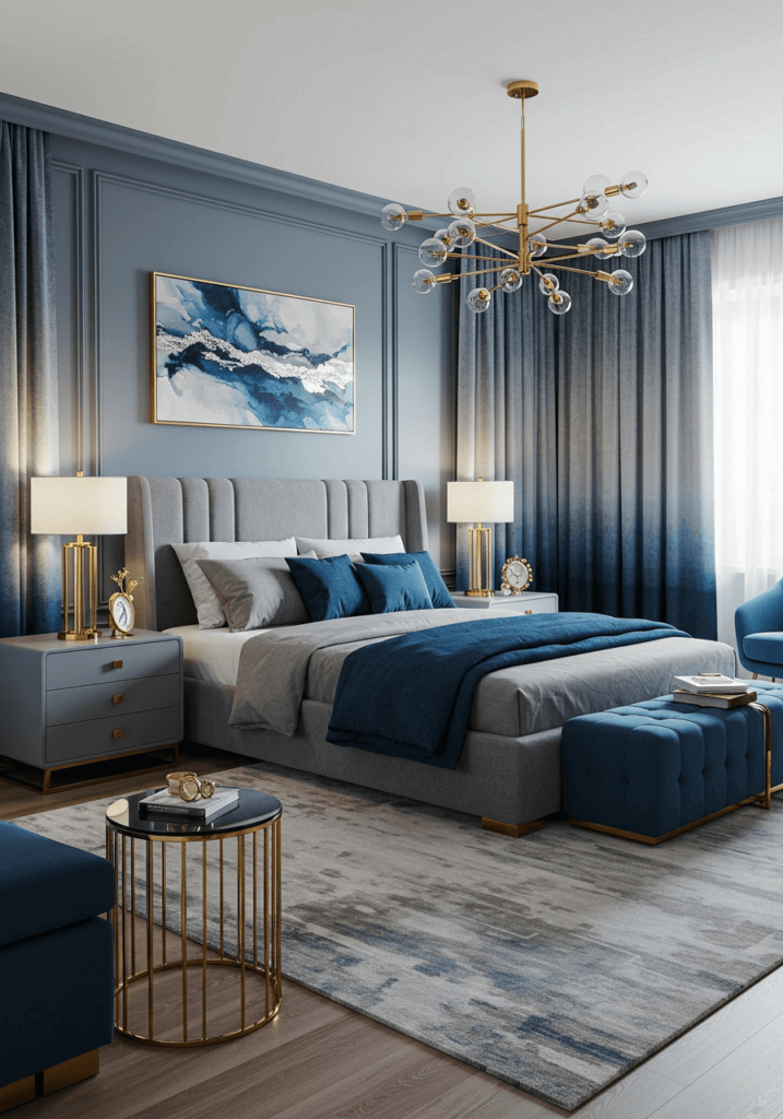 Sophisticated Blue & Grey Bedroom with Velvet Touches