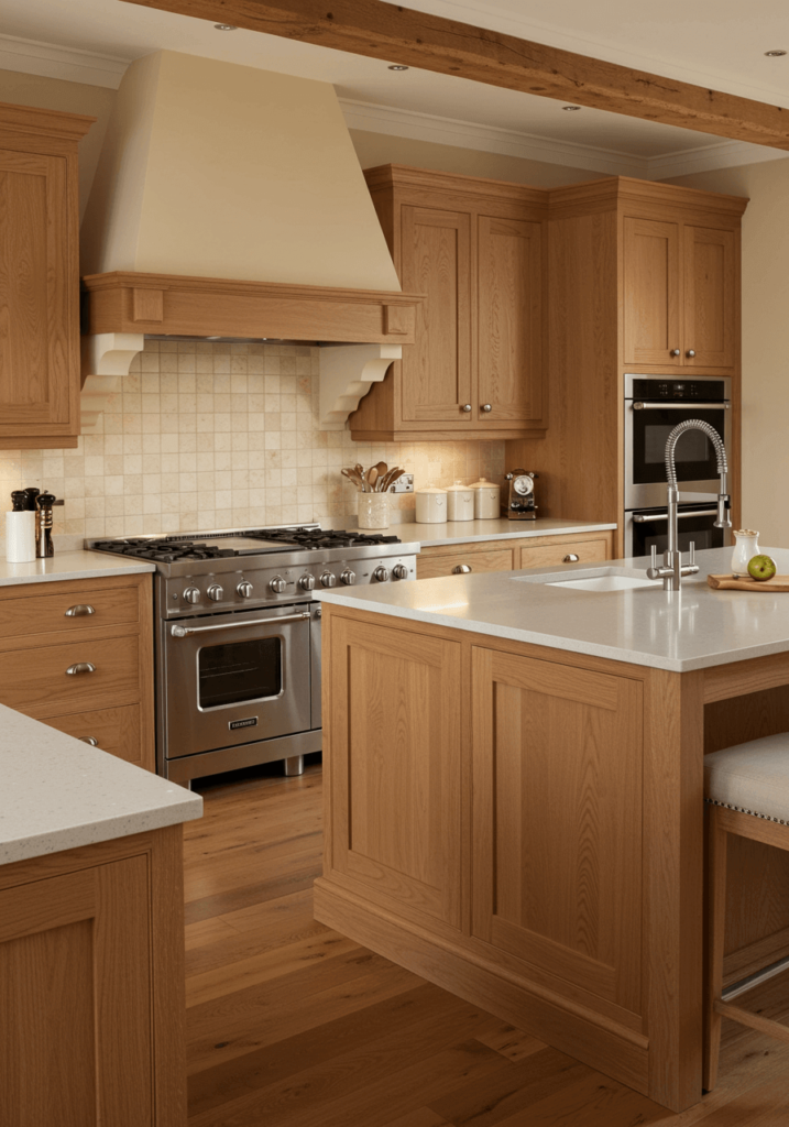 Spacious Kitchen with Oak Cabinets and Quartz Countertop