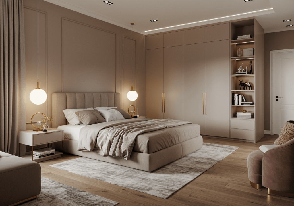 Spacious Luxury Bedroom with Layered Lighting