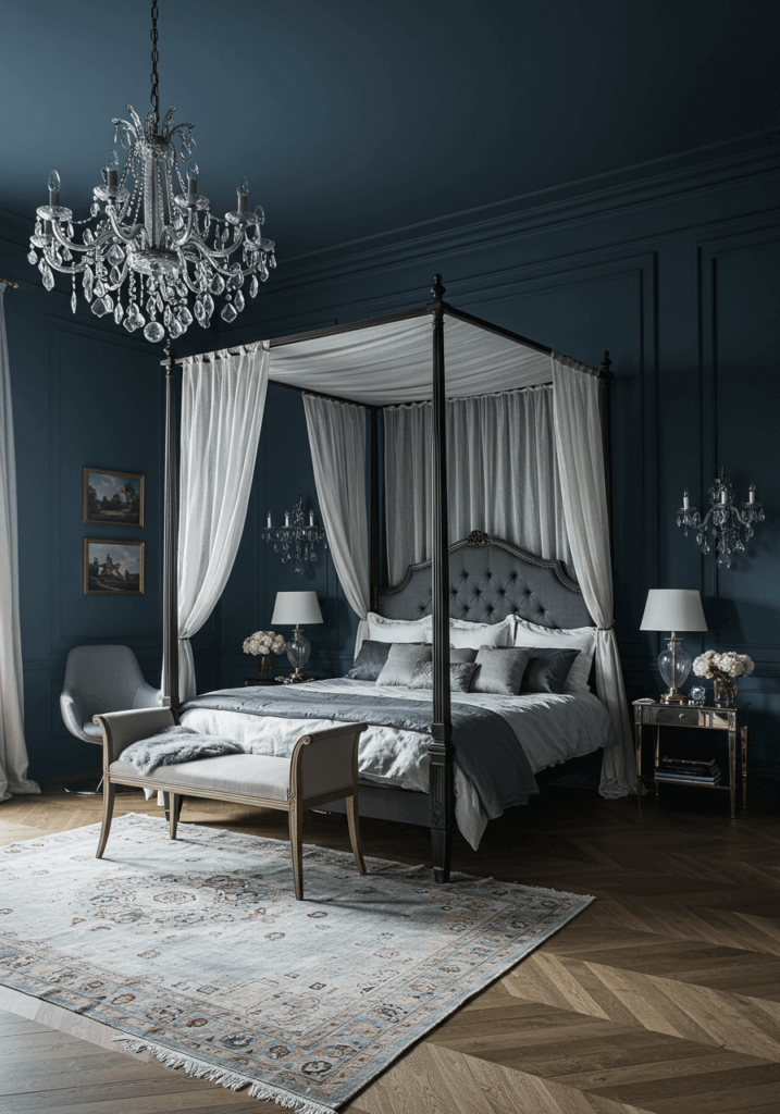 Statement Canopy Bed with Midnight Blue Walls