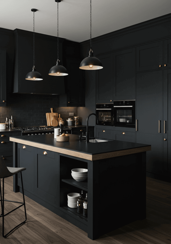 Stylish Dark Kitchen with Warm Wood and Central Island