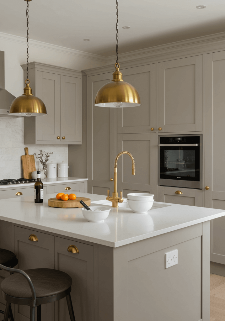 Stylish Neutral Kitchen with Taupe Cabinets and Brass Pendants