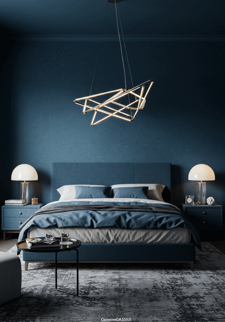 Textured Blue Wallpaper and Oversized Lighting