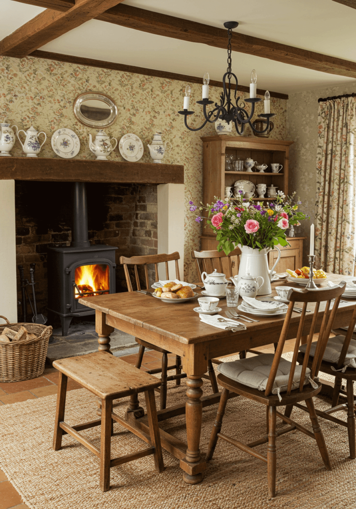 Traditional English Cottage Dining Room with Fireplace