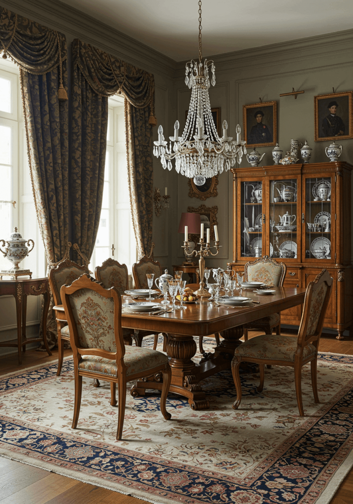 Traditional European Dining with Brocade Drapes