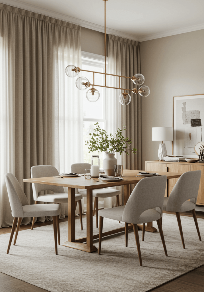 Transitional Dining with Neutral-Toned Drapes