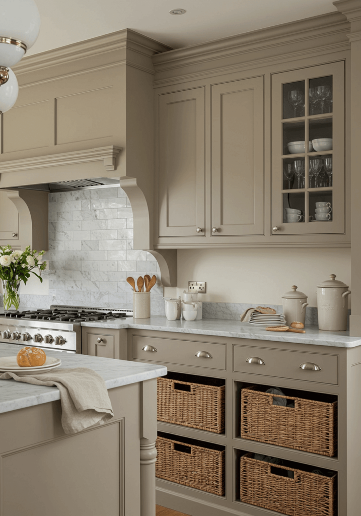 Transitional Kitchen with Taupe Cabinets and Wicker Accents