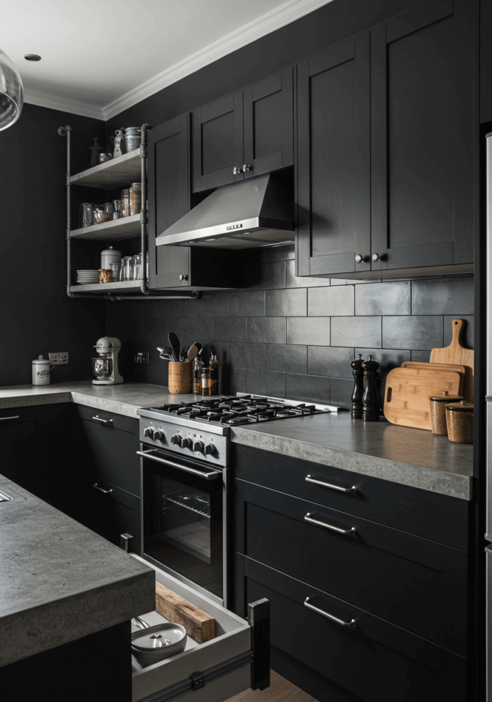 Urban Dark Kitchen with Concrete Countertops and Industrial Style