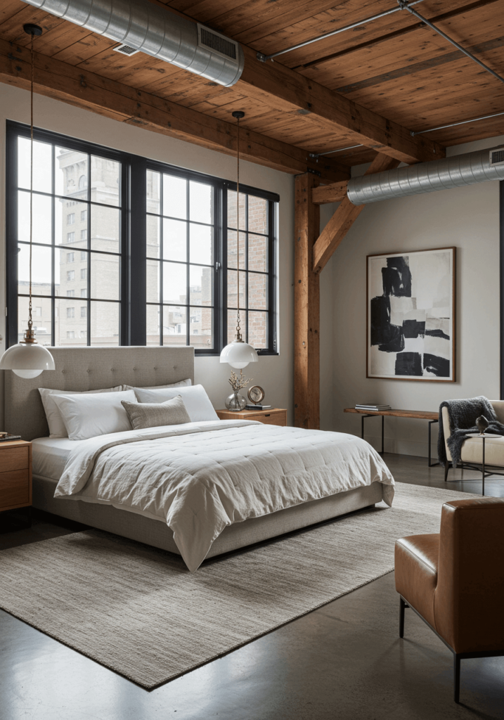 Urban Loft Bedroom with Exposed Beams & Modern Touches