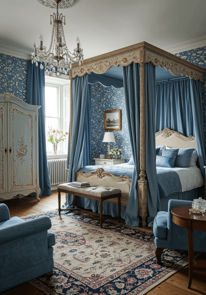 Vintage Blue Bedroom with Floral Wallpaper & Canopy Bed